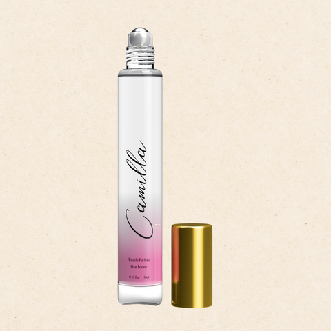 "Camilla Eau De Parfum Rollerball by Regal Fragrances – a sleek 10ml bottle with a minimalist design, offering a fresh, citrusy, and floral blend of pomegranate, yuzu, and musk for easy, on-the-go fragrance application."