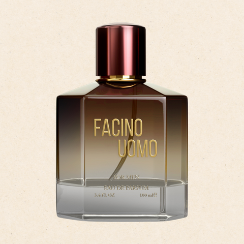 "Facino Uomo by Regal Fragrances – a vibrant men’s cologne blending grapefruit, patchouli, and rich wood notes. Packaged in a sleek amber glass bottle with a metallic rust cap, it exudes freshness and sophistication."